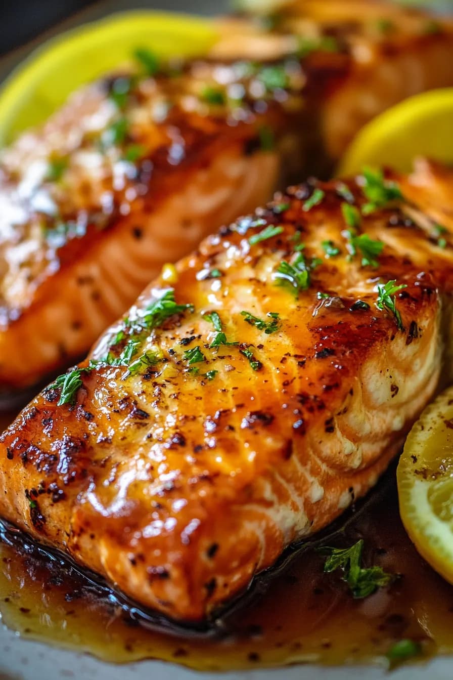 Grilled salmon fillets with a citrus glaze, garnished with fresh herbs and lemon slices.