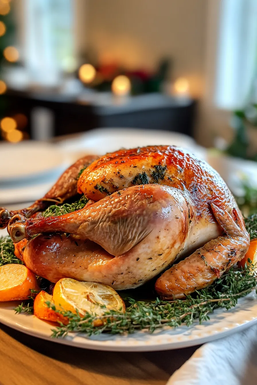 Golden brown roasted turkey with herbs and vegetables, perfectly cooked.