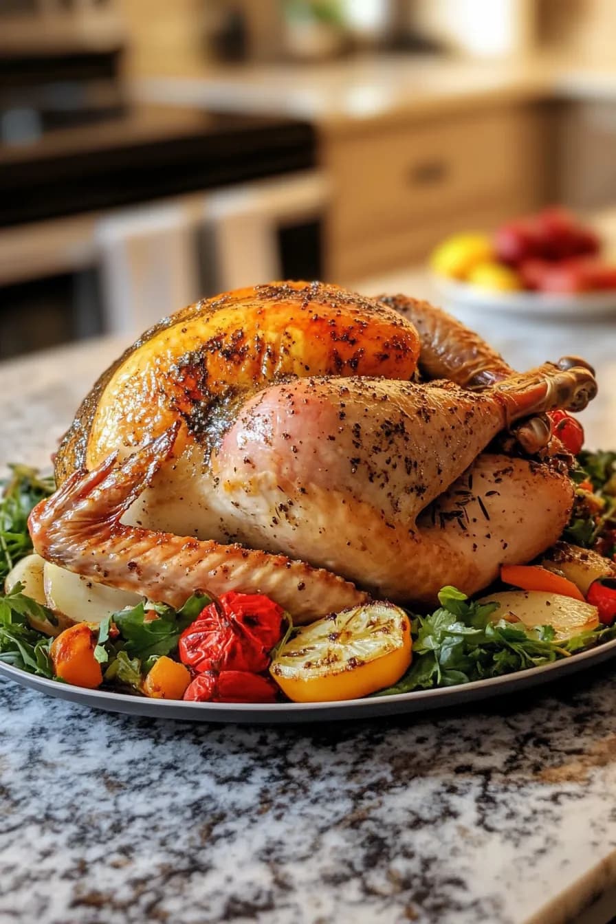 Golden roasted turkey served on a wooden platter with fresh herbs.