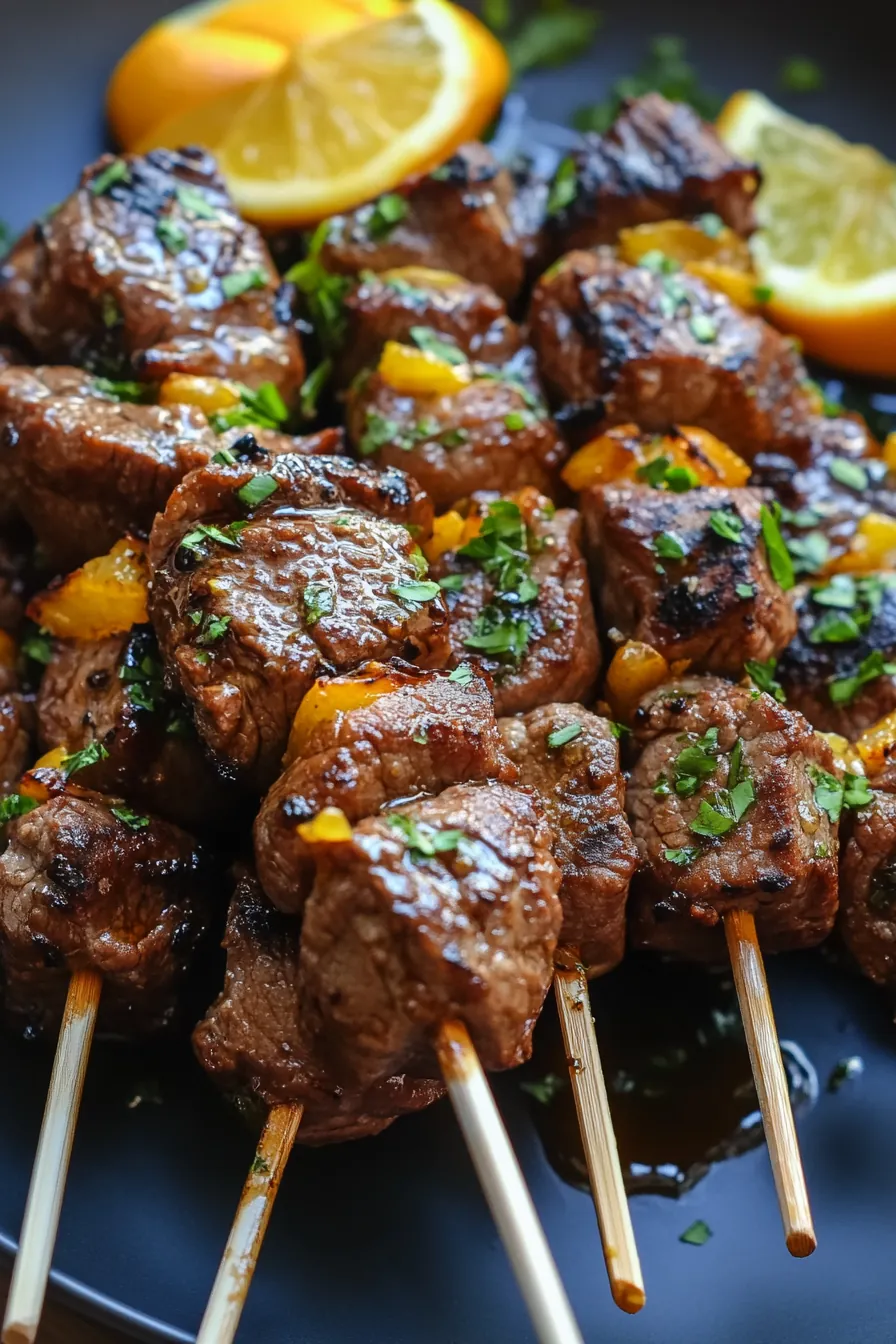 Juicy citrus-glazed beef skewers on a bed of fresh greens.