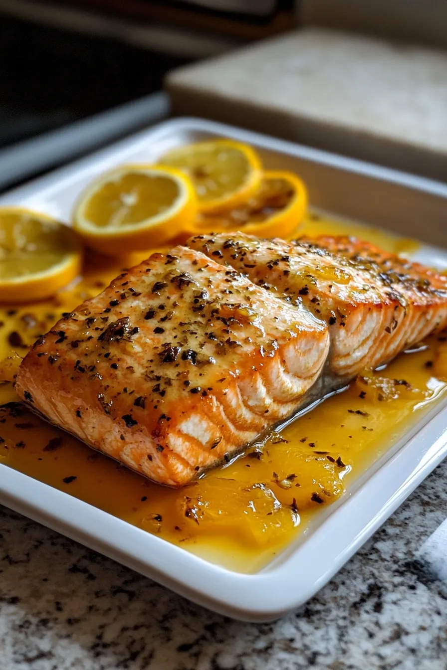 Perfectly seared salmon fillet glazed with a citrus sauce, garnished with fresh herbs.