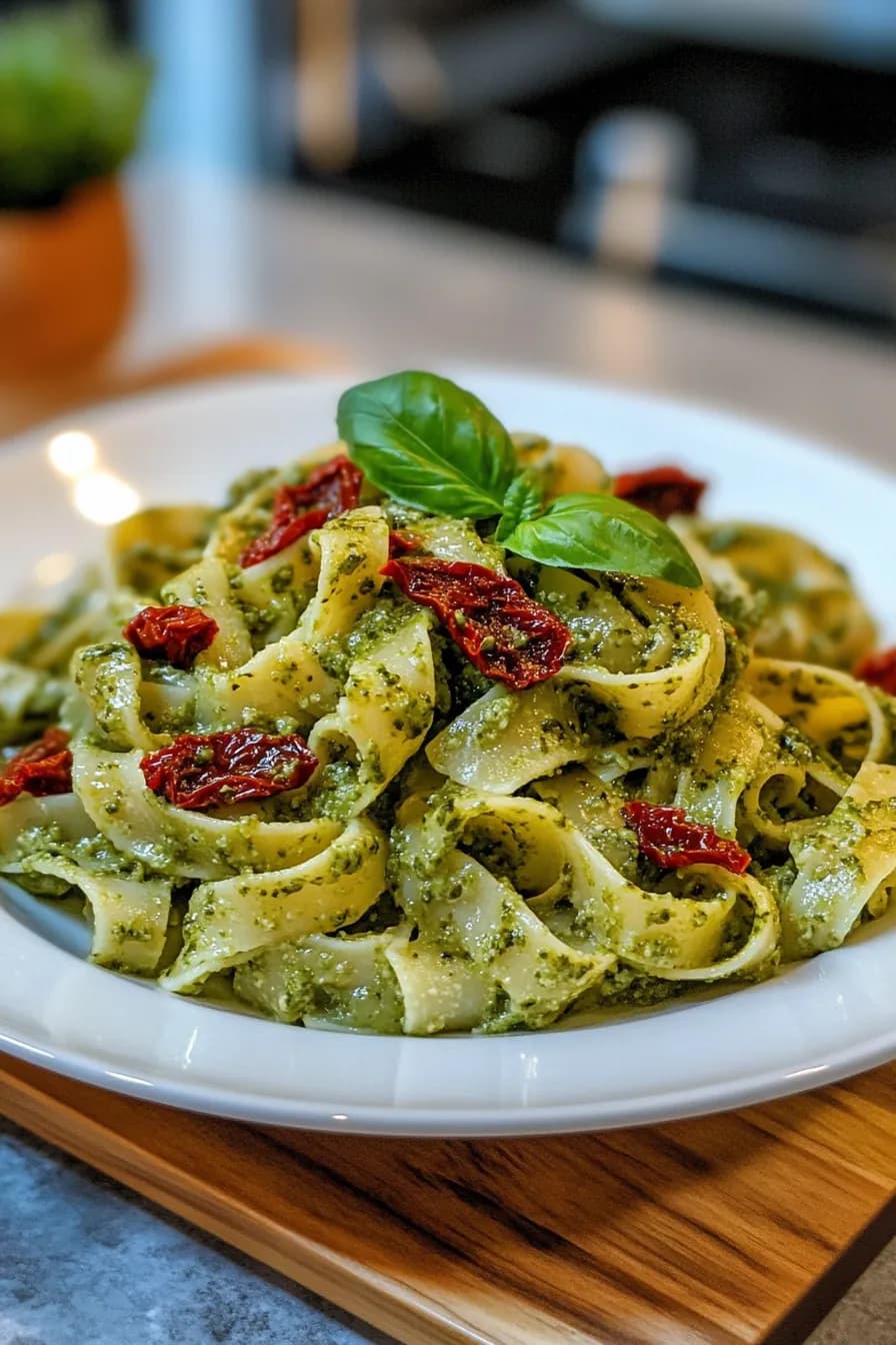 Creamy Basil Pesto Pasta with Sun-Dried Tomatoes card