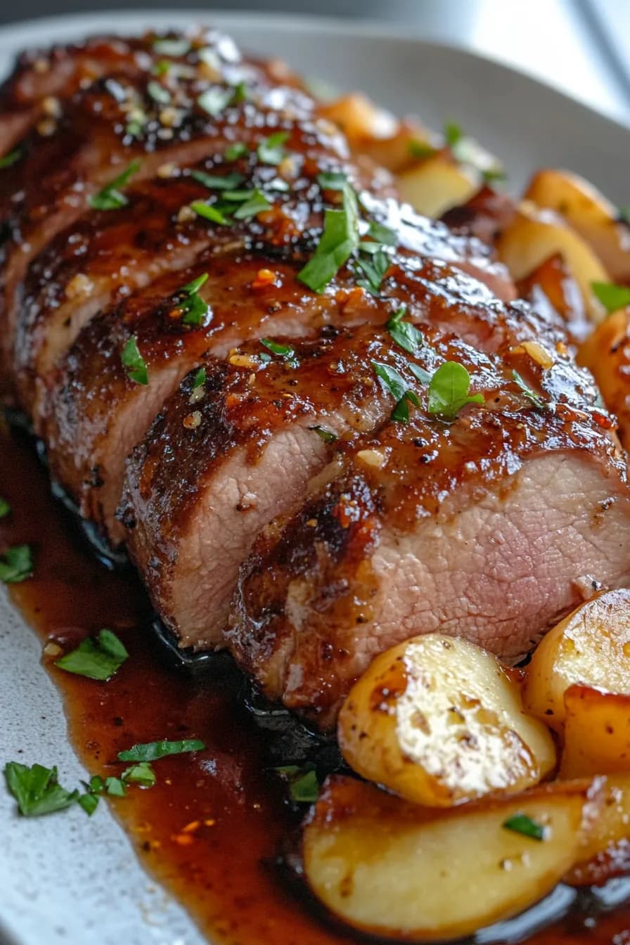 Sliced glazed pork tenderloin served with caramelized apples and garnished with fresh thyme.