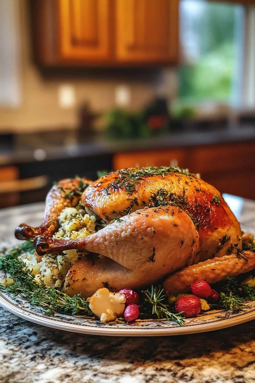 Golden herb-roasted turkey with crispy skin and fresh herbs garnishing the platter.