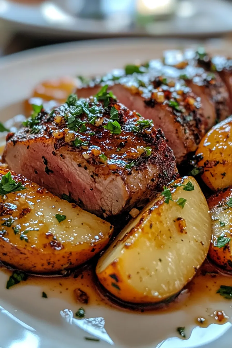 Slices of honey-glazed pork tenderloin topped with pear compote on a rustic wooden board.