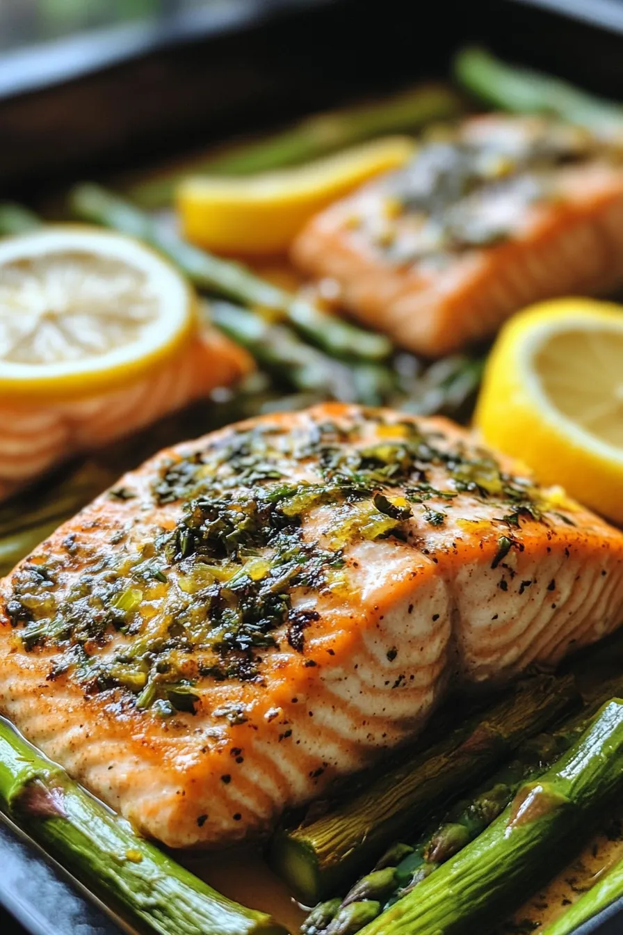 Baked salmon fillet garnished with lemon slices and fresh herbs, served alongside roasted asparagus.
