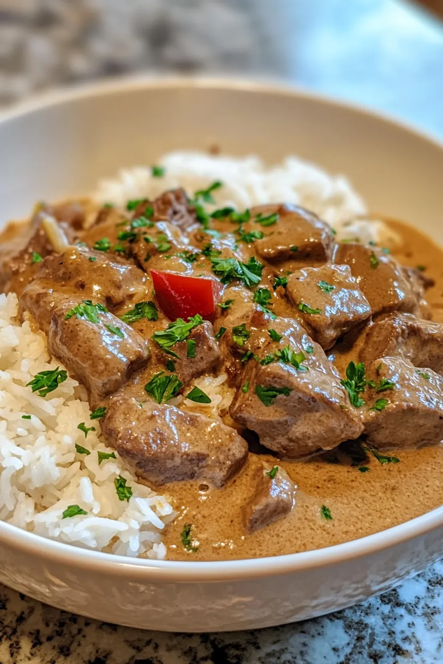 One-pot beef stroganoff with peas, mushrooms, and tender beef in a creamy sauce.
