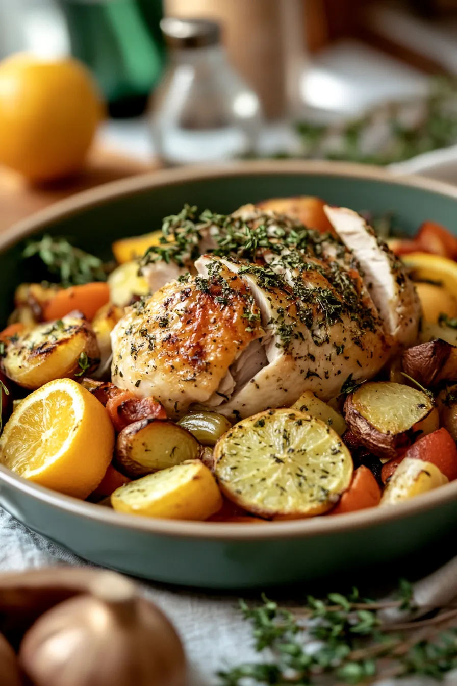 One-pot citrus herb turkey with root vegetables served in a rustic cast-iron pot.
