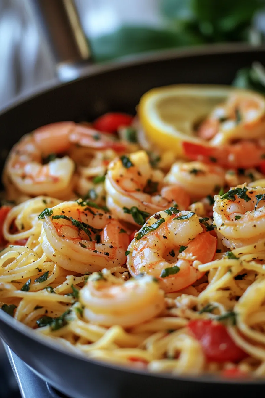 One-pot lemon basil shrimp pasta garnished with fresh basil leaves in a rustic pan.