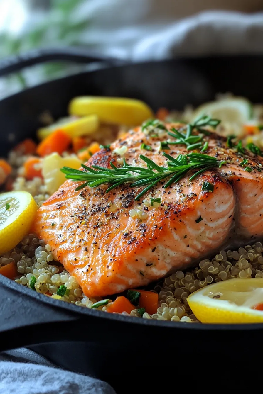 A vibrant dish of lemon herb salmon with quinoa, garnished with fresh parsley in a single pot.