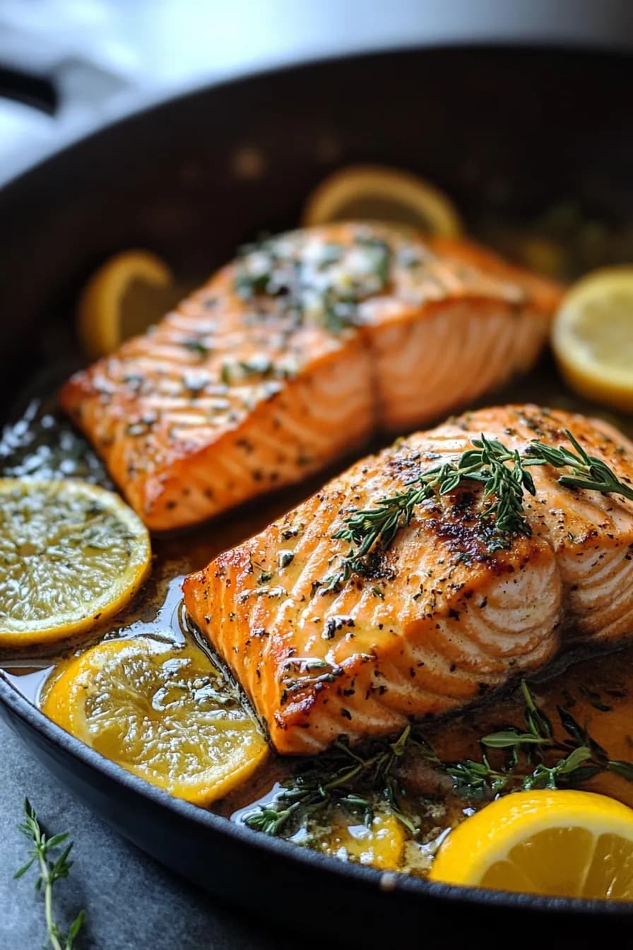 One pot salmon dish with citrus slices and fresh herbs in a cast iron skillet.