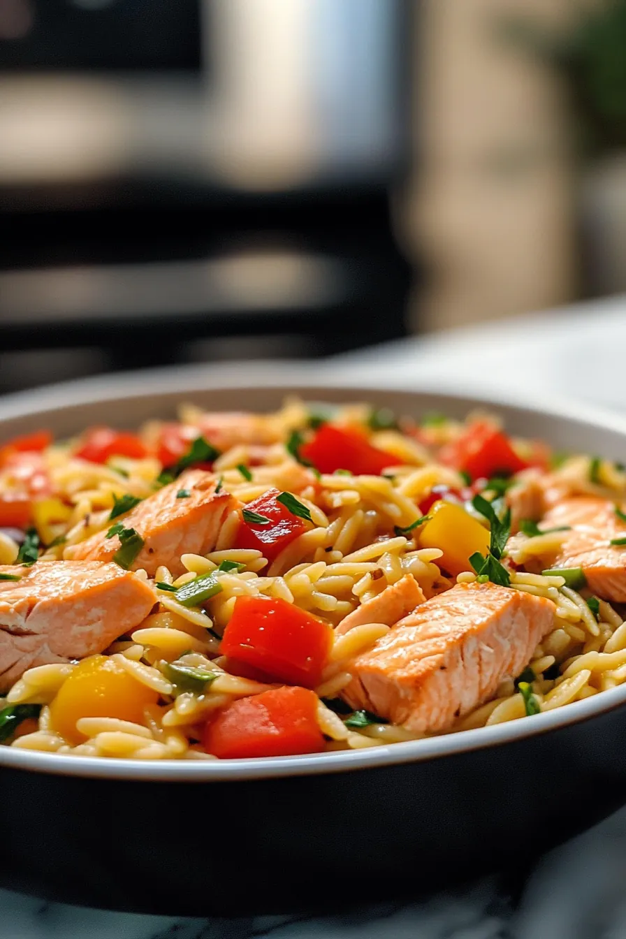 One Pot Salmon Orzo with Seasonal Vegetables card