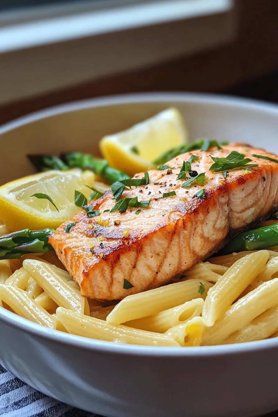 Vibrant one pot salmon pasta with lemon and asparagus, garnished with fresh herbs.