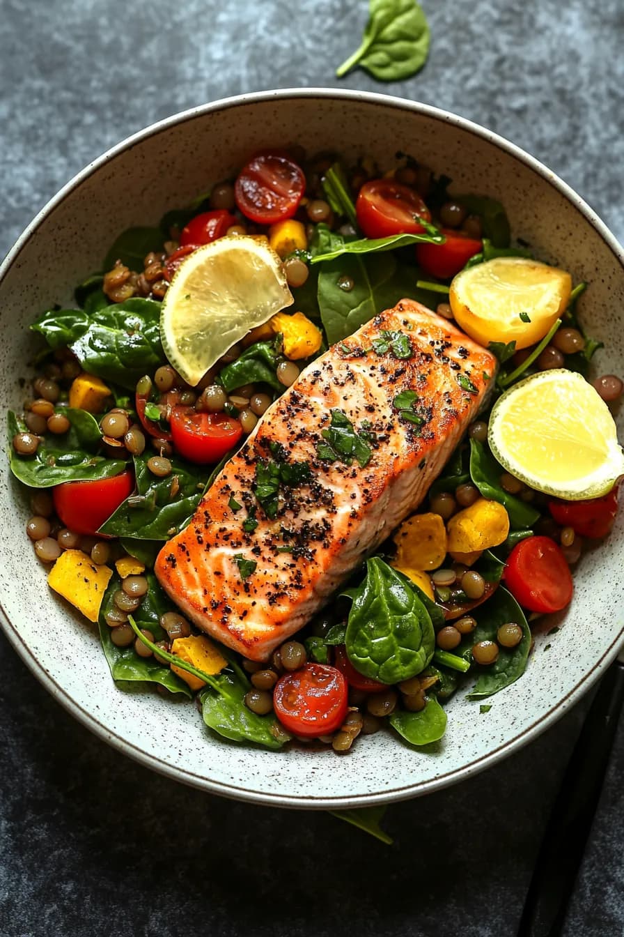 One Pot Wonder: Salmon Spinach and Lentil Salad card