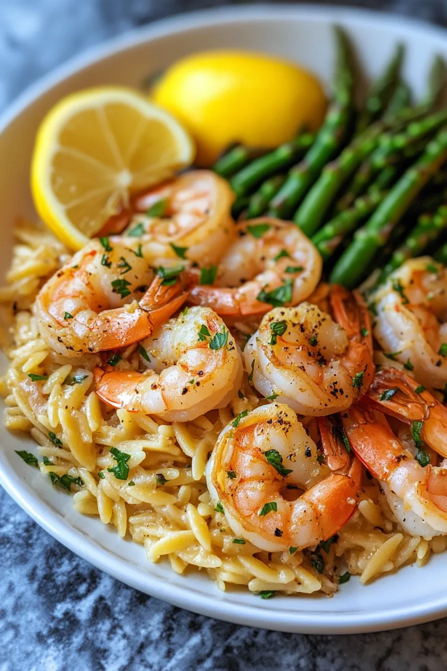 A vibrant one-pot shrimp scampi orzo with lemon slices and asparagus spears garnished with parsley.