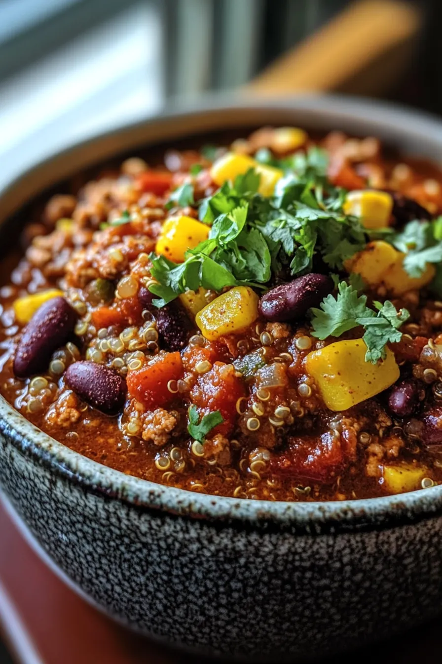 A vibrant bowl of turkey and quinoa chili topped with cilantro and a dollop of sour cream.