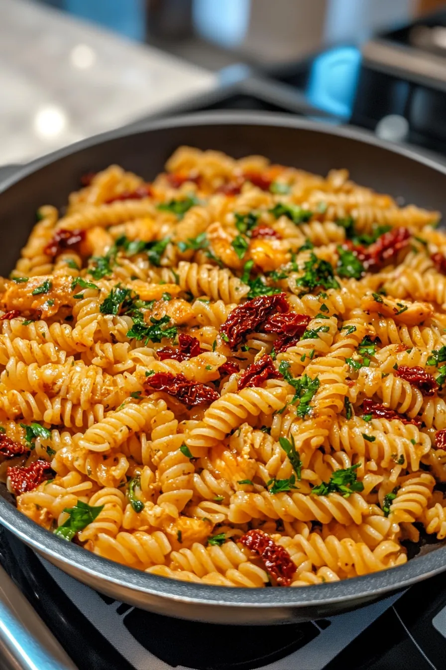 One-pot turkey pasta with sun-dried tomatoes served in a rustic blue ceramic bowl, garnished with fresh basil.