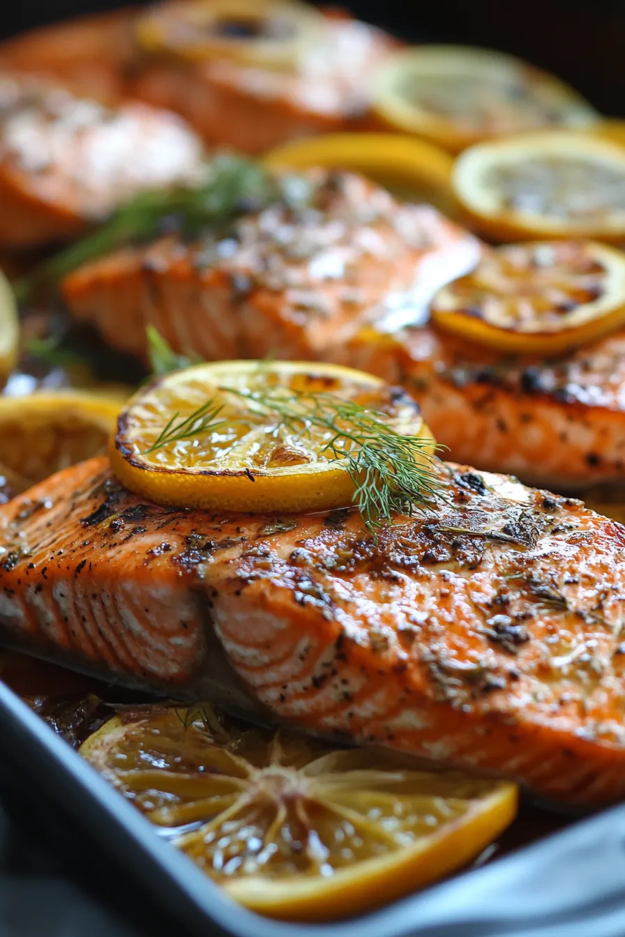 Oven-roasted salmon with citrus slices and fennel fronds on a baking sheet.