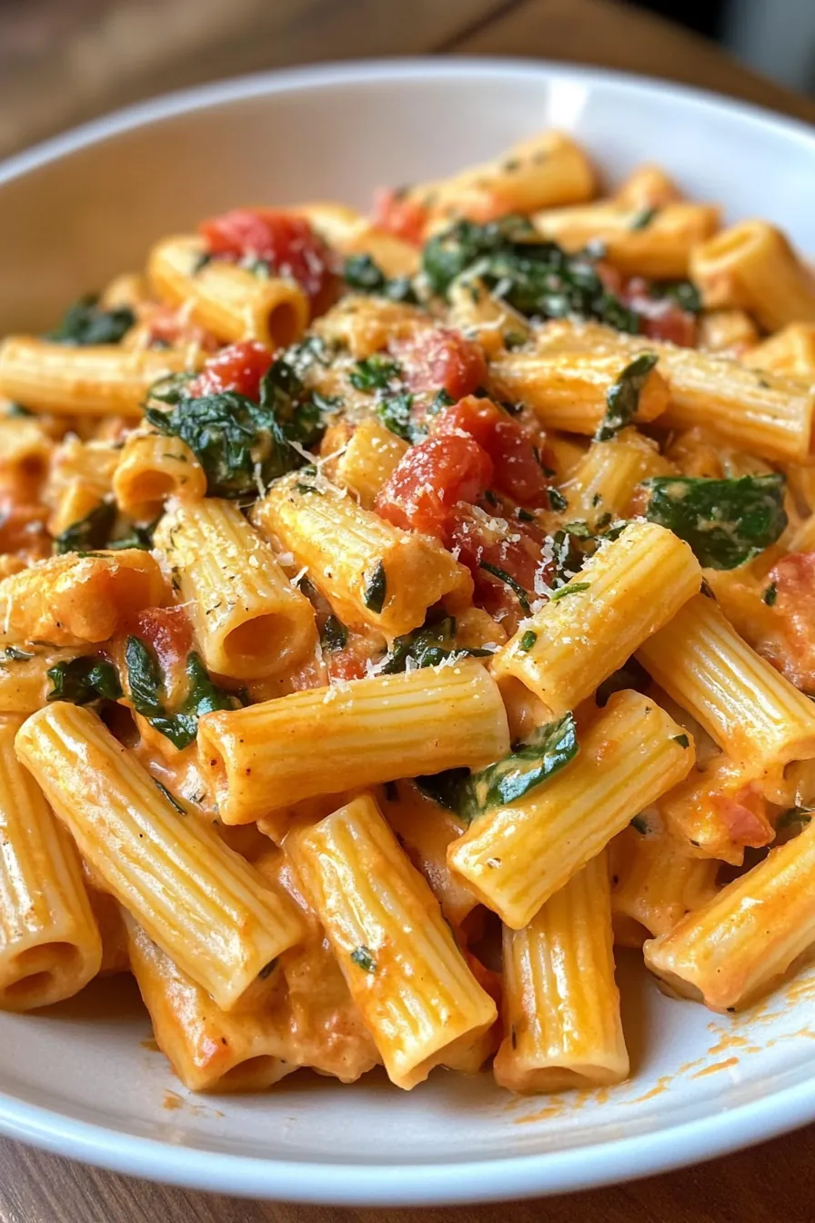 Delicious creamy spinach and tomato pasta in a white bowl, garnished with fresh basil.