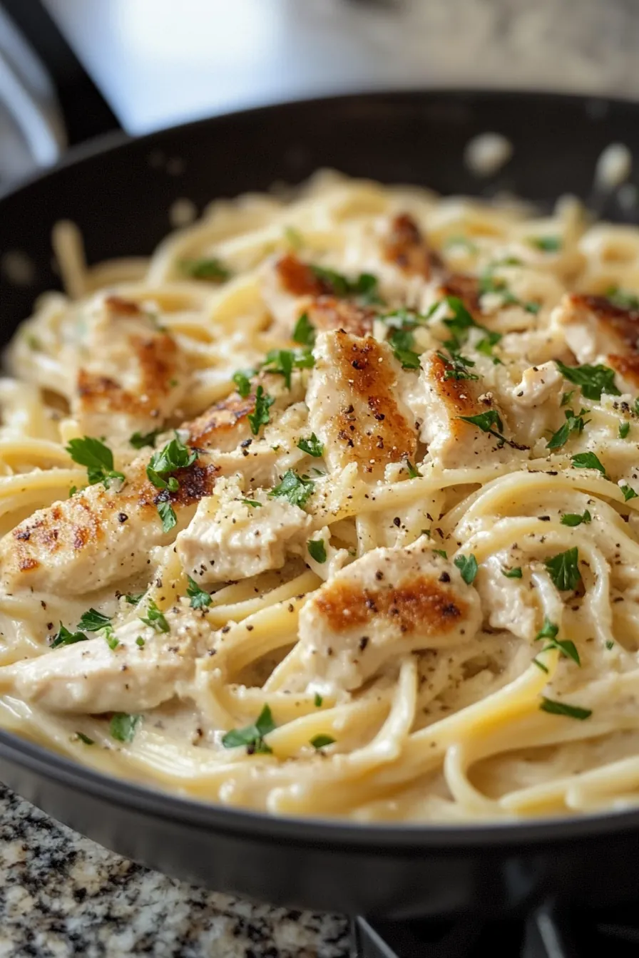 Creamy chicken Alfredo pasta garnished with fresh parsley in a rustic ceramic dish.