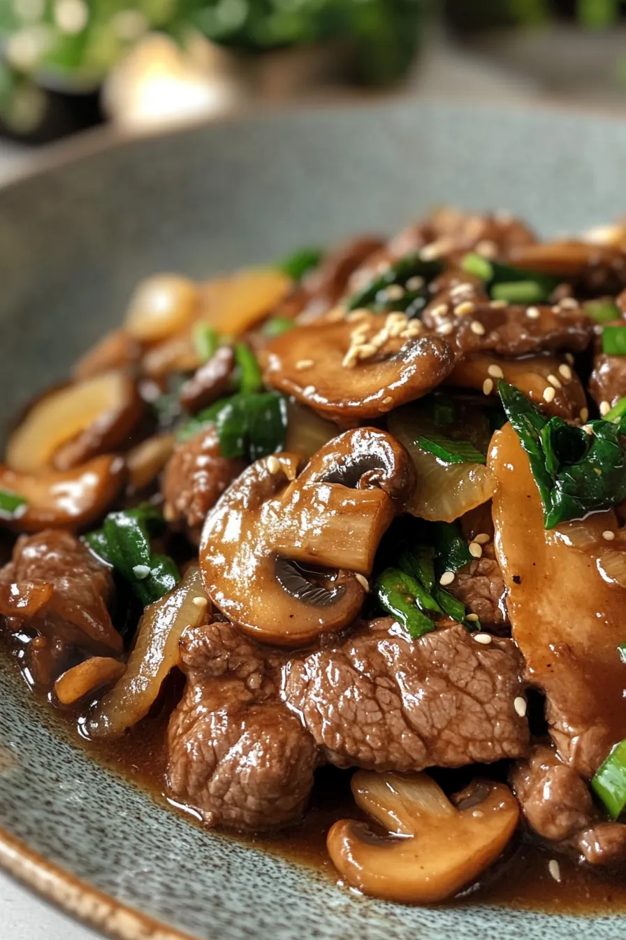 Tender beef strips and mushrooms in a savory sauce, served over a bed of steamed rice.