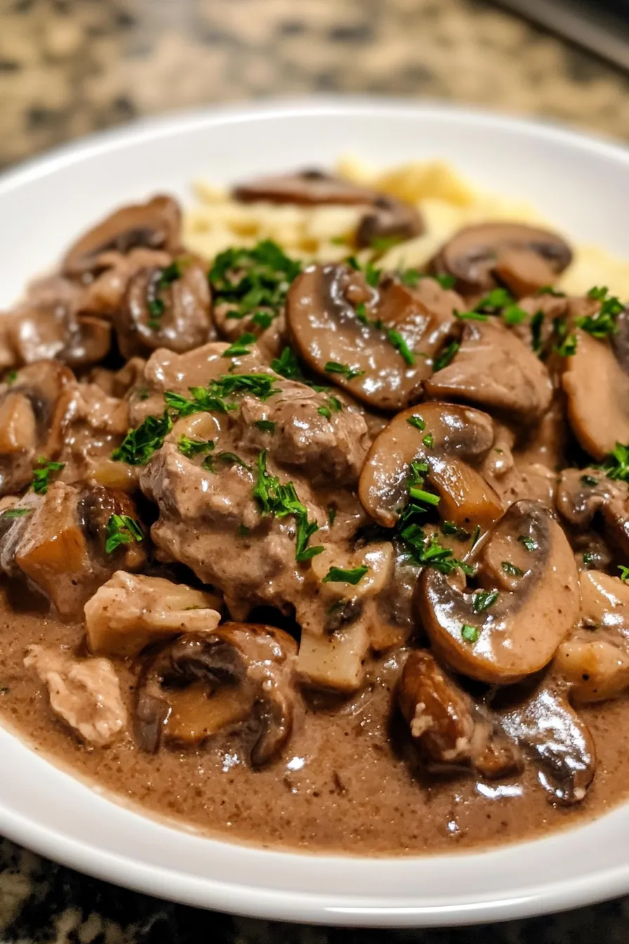 Beef and mushroom stroganoff garnished with fresh parsley served in a rustic bowl.