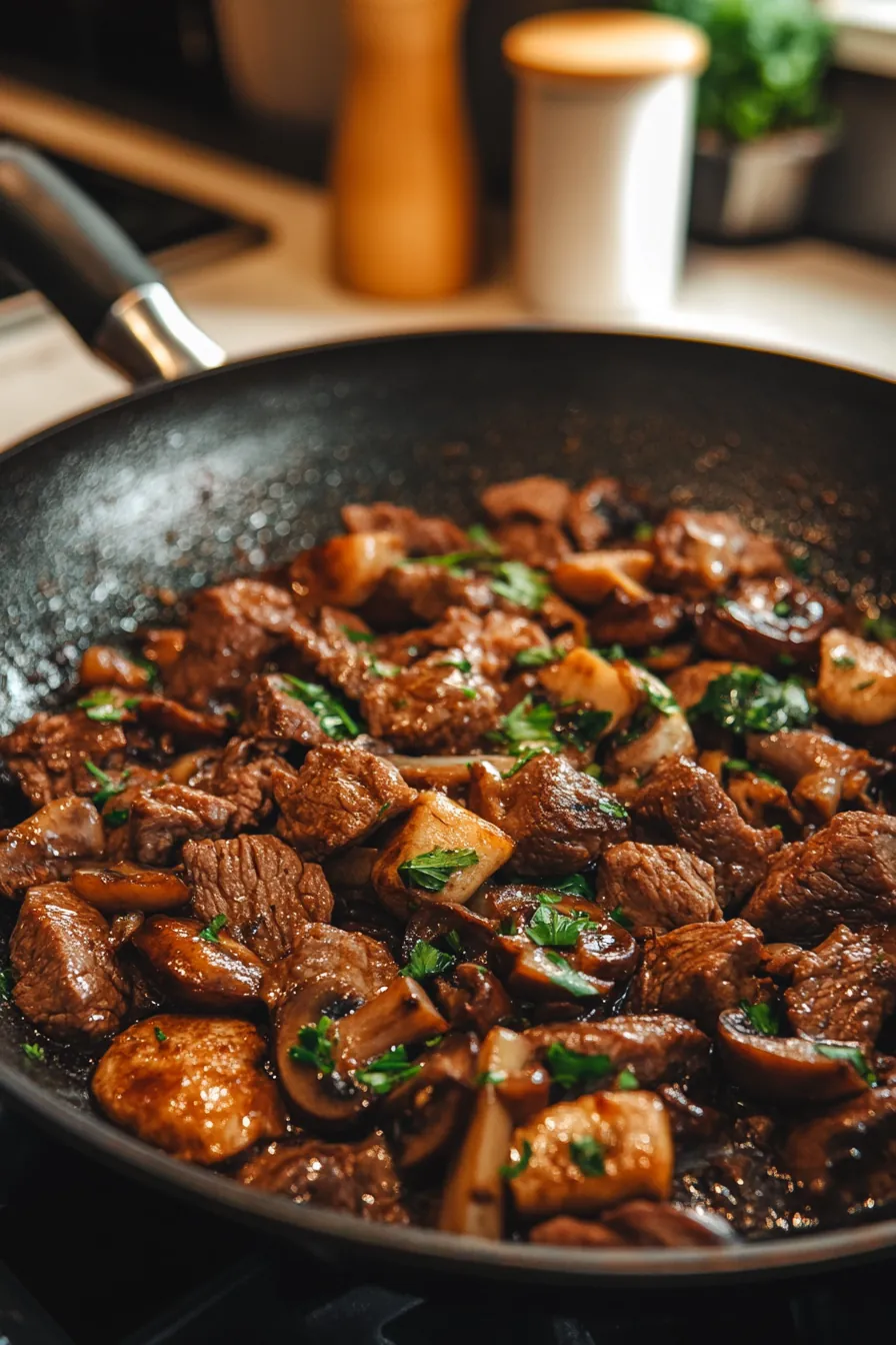 Savory beef and wild mushroom skillet in a cast iron pan with fresh thyme.