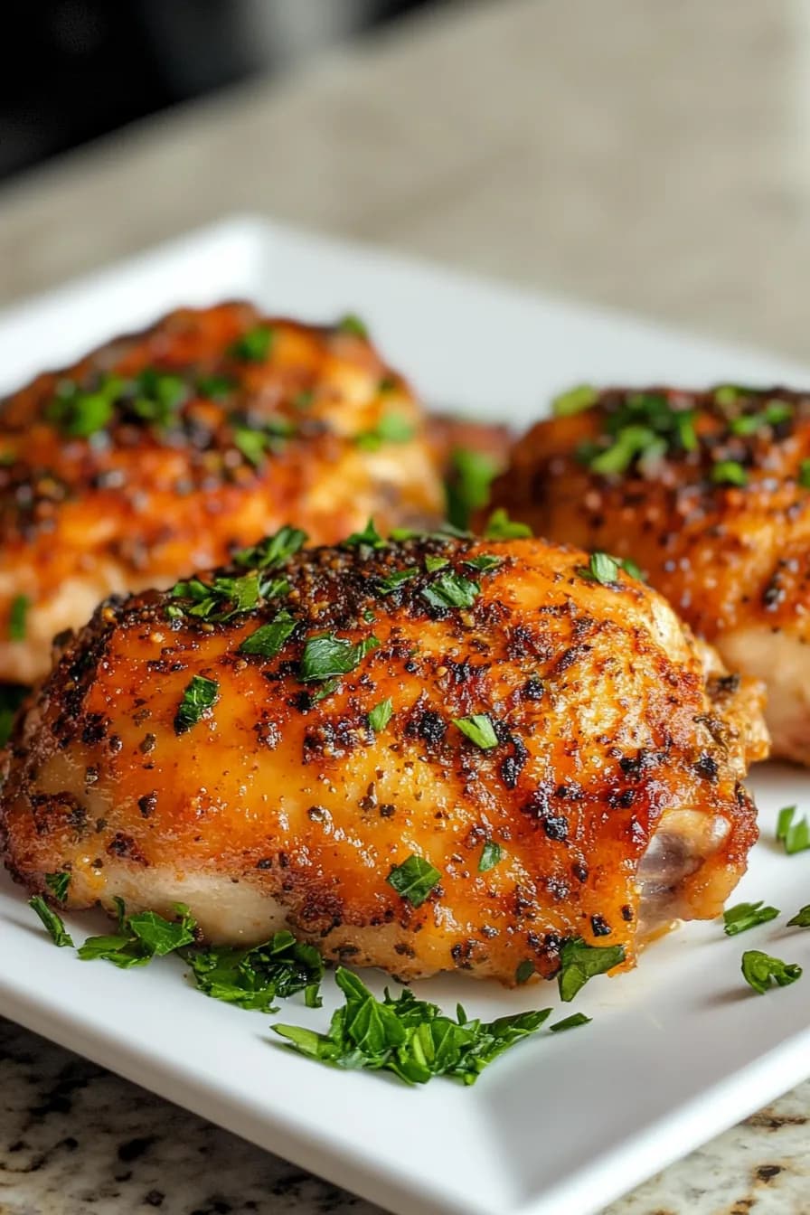 Herb-crusted chicken thighs with a golden brown crust served on a rustic wooden platter.