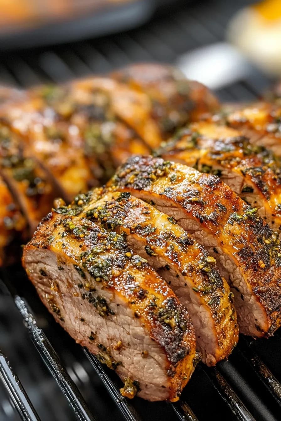 Sliced herb-crusted pork tenderloin garnished with fresh rosemary and thyme on a rustic wooden board.