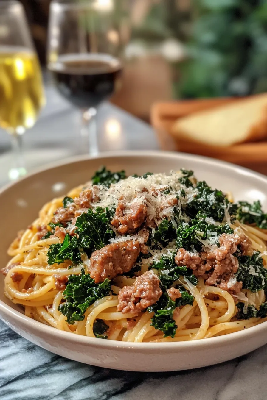 A tantalizing bowl of pasta with Italian sausage and kale, topped with freshly grated parmesan.
