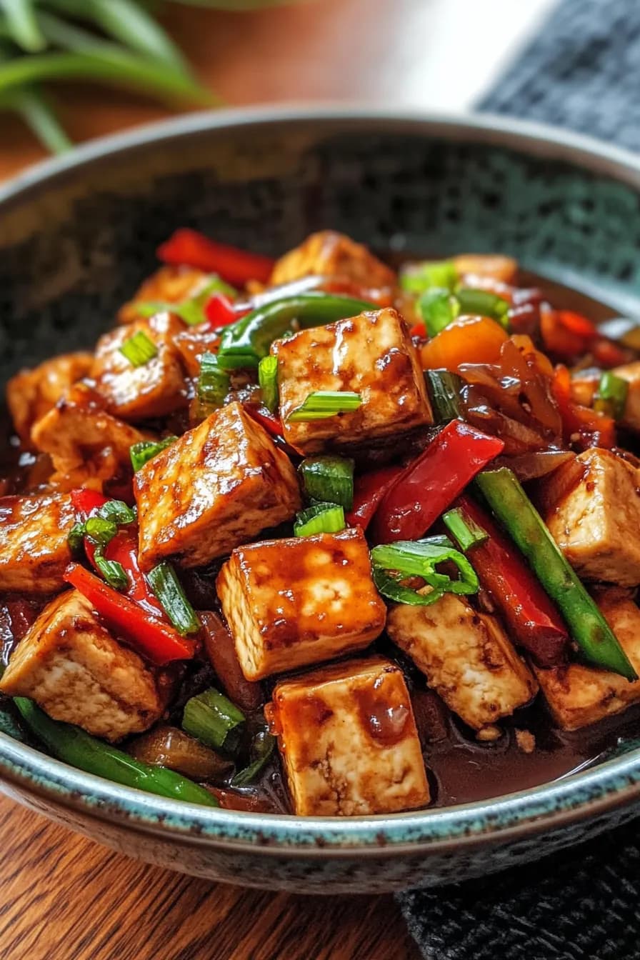 A vibrant one pot tofu dish with colorful seasonal vegetables simmering in a large skillet.