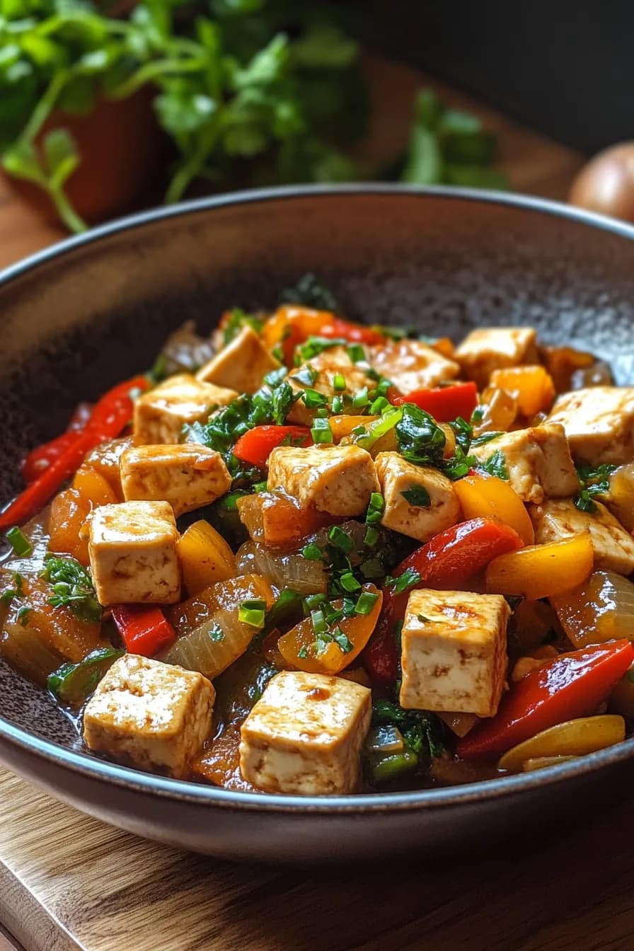 A vibrant stir-fry of tofu and vegetables in a single pot, garnished with sesame seeds and fresh herbs.