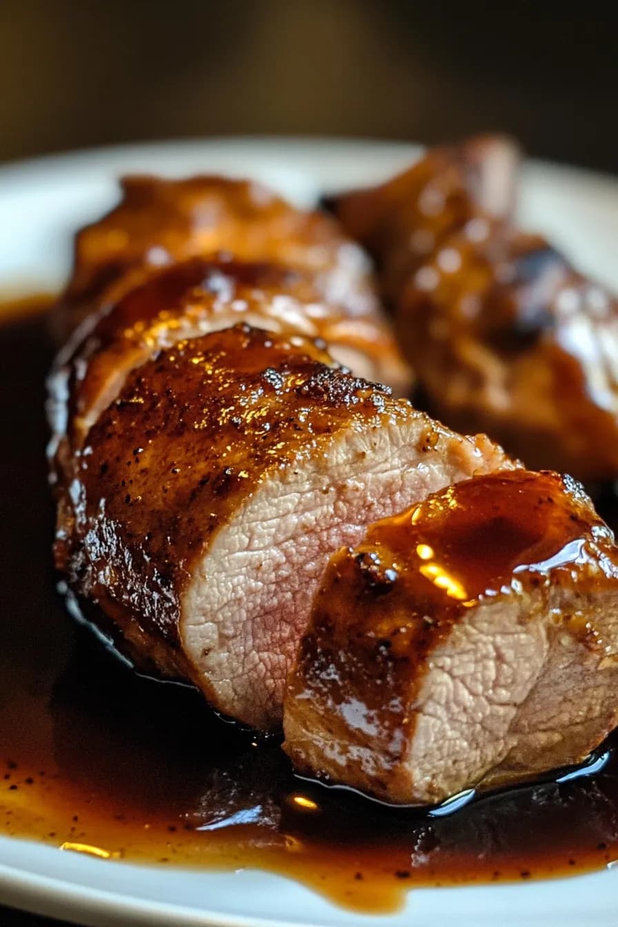 Seared pork tenderloin drizzled with honey-mustard glaze on a rustic wooden platter.