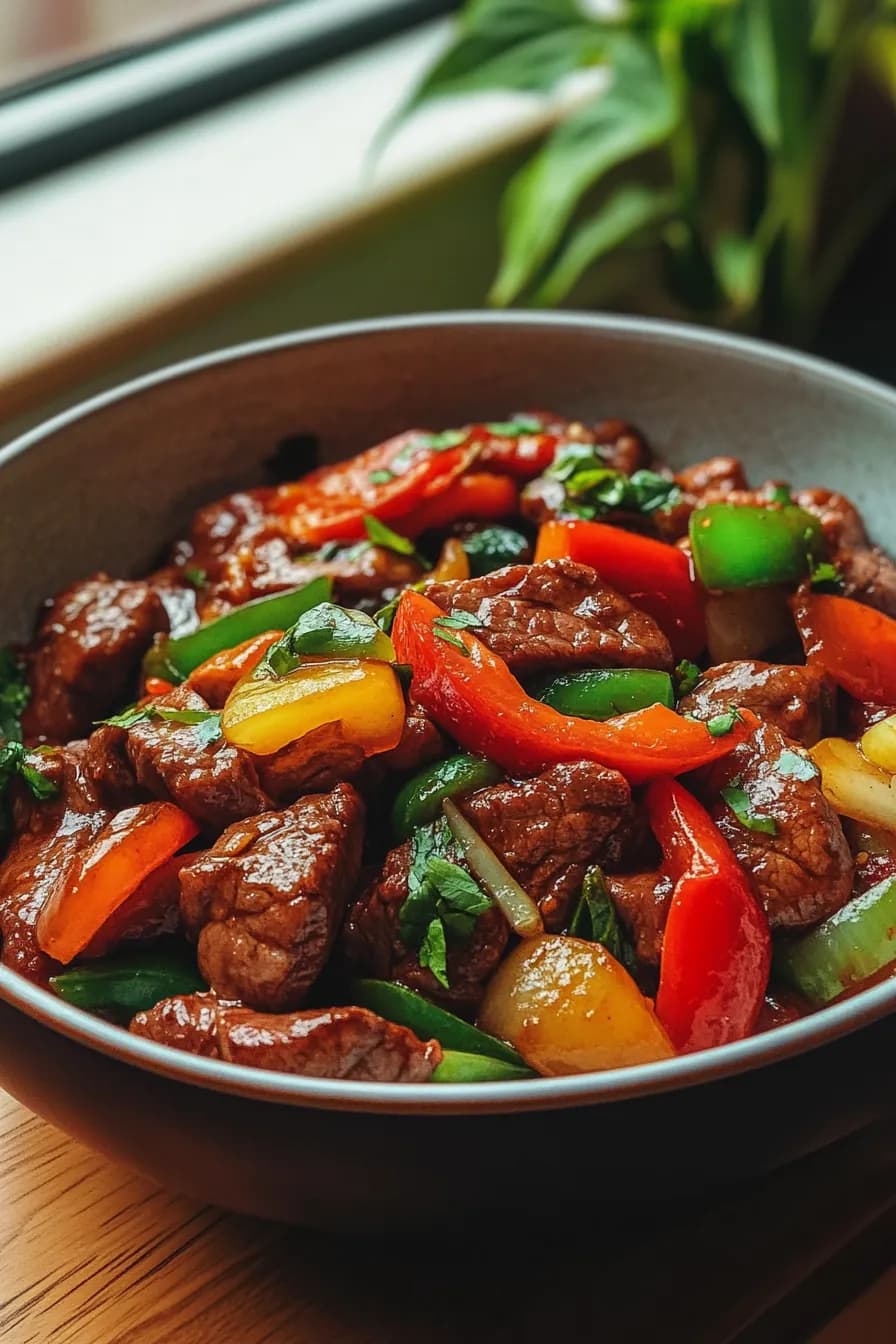 A vibrant beef stir-fry with red, yellow, and green bell peppers in a wok.