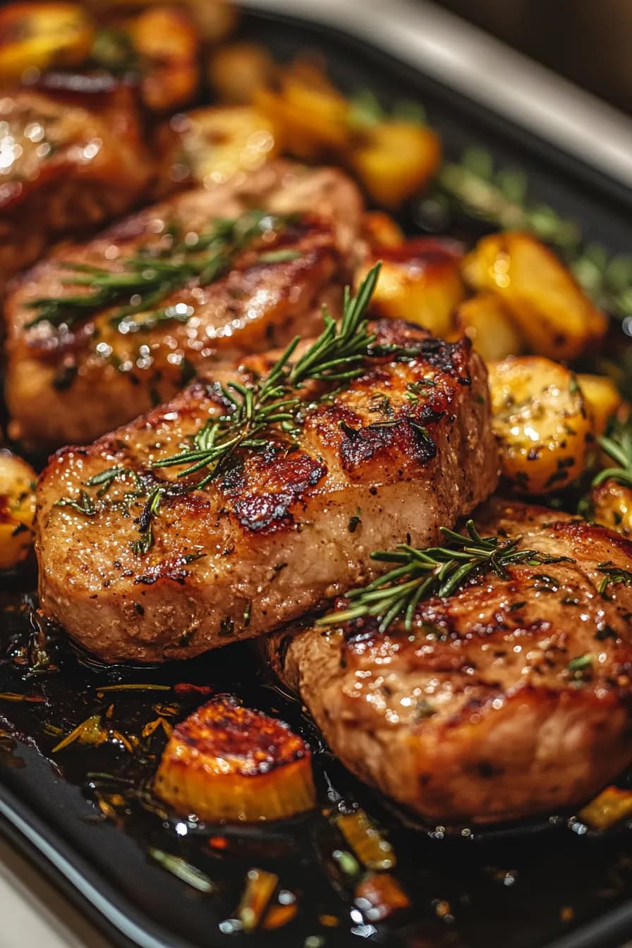 Golden-brown pork chops seasoned with rosemary and garlic on a rustic wooden platter.