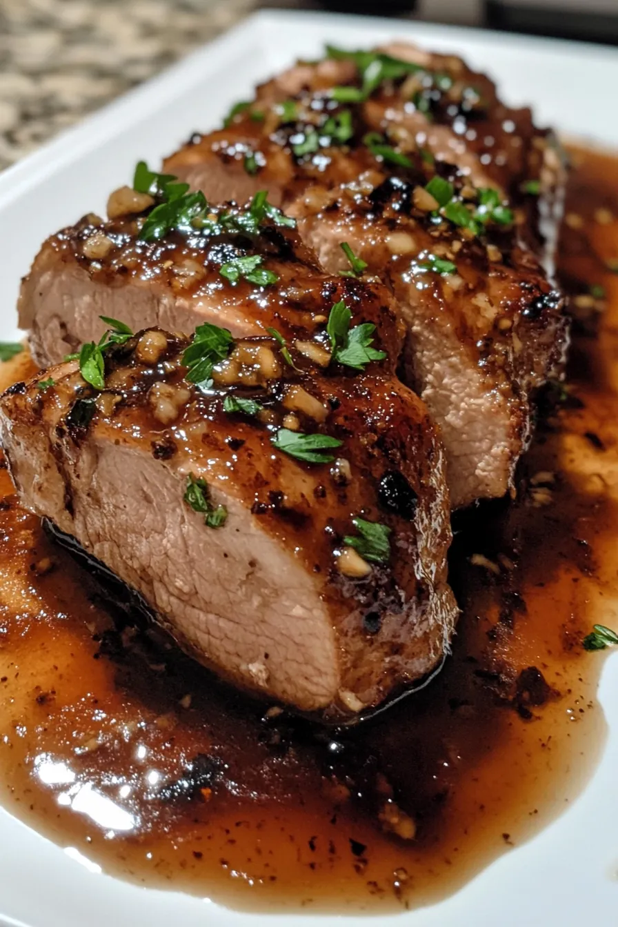 Tender slices of honey garlic pork tenderloin on a rustic wooden platter, garnished with fresh thyme.