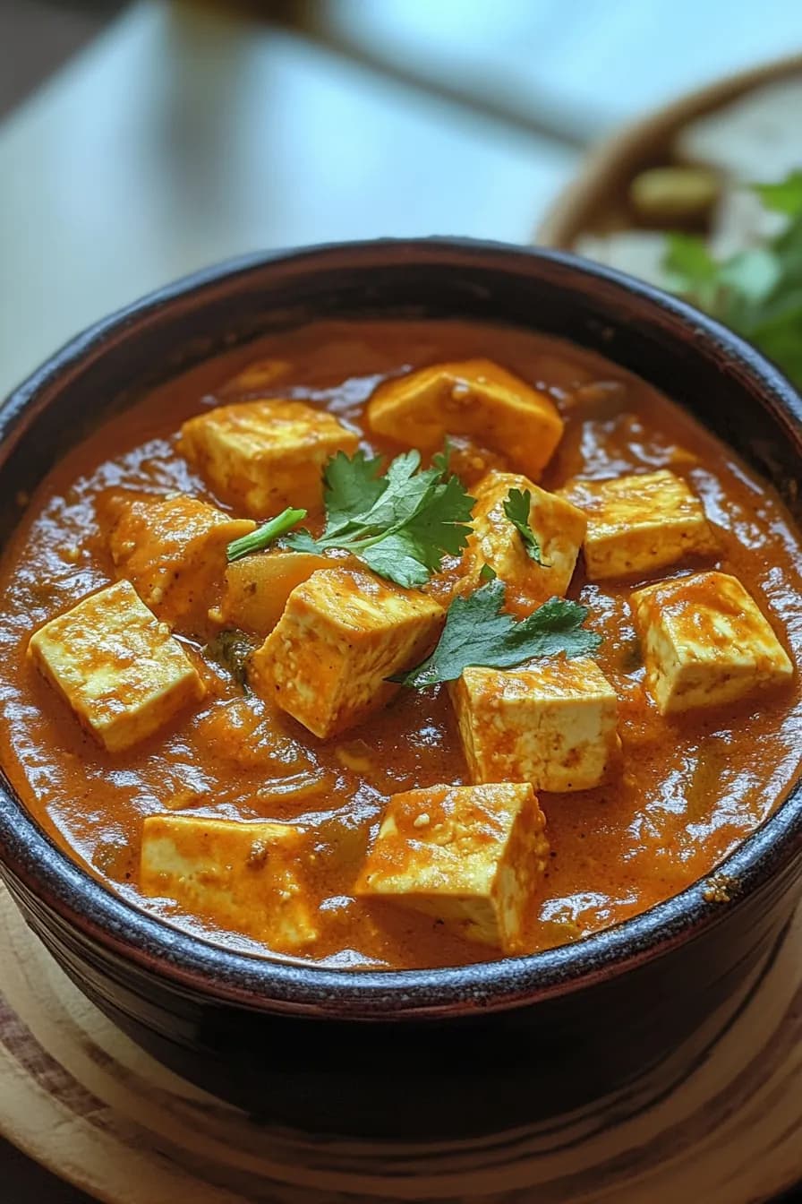 A vibrant one pot tofu curry simmering with colorful vegetables and tofu in a rich, golden broth.
