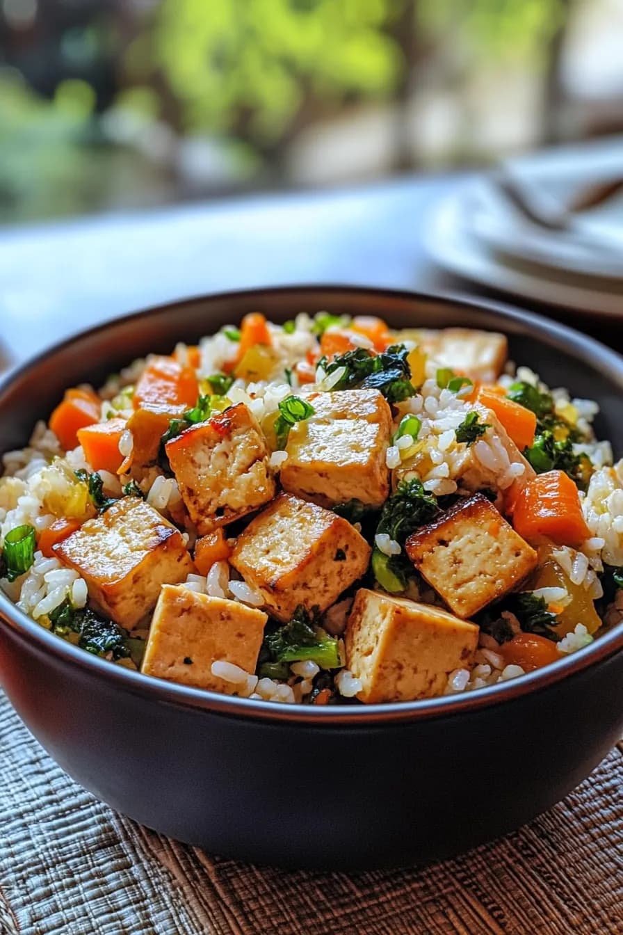 A vibrant one pot dish featuring golden tofu cubes, colorful seasonal vegetables, and fluffy rice.