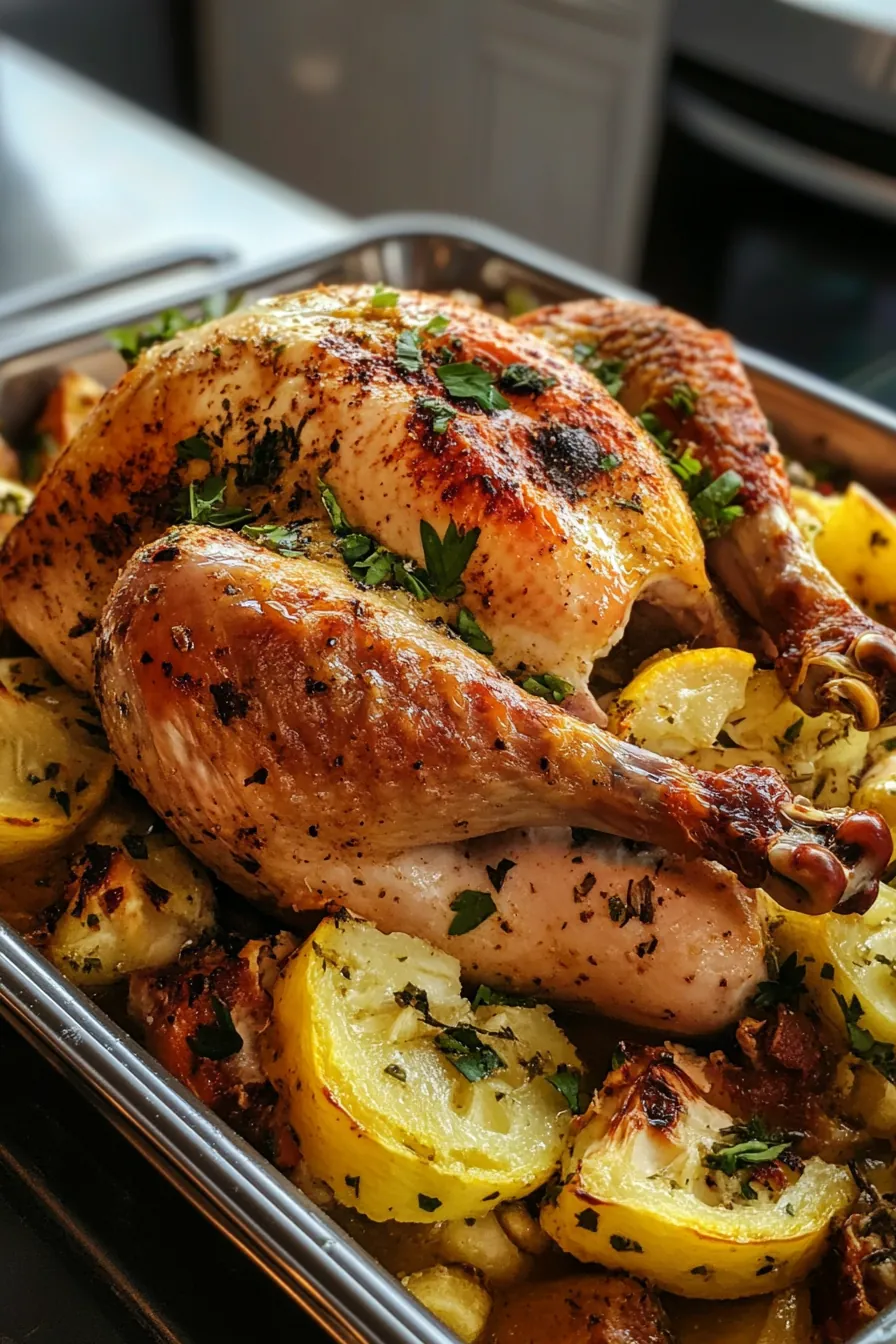 Golden roasted turkey with crispy skin surrounded by seasonal vegetables.