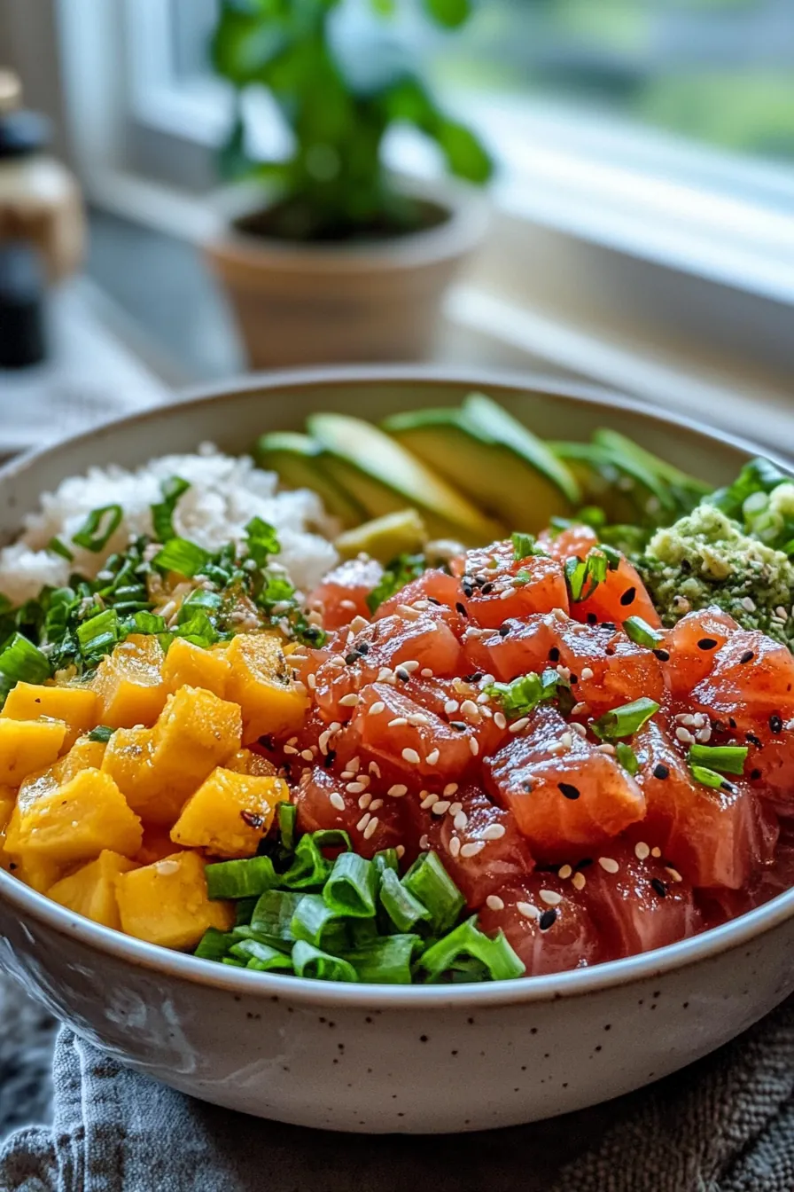 A vibrant tuna poke bowl with fresh tuna, edamame, avocado, and seaweed salad.