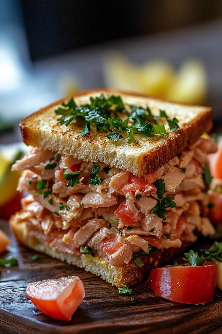 A gourmet tuna sandwich with crisp lettuce and ripe tomatoes on a wooden board.