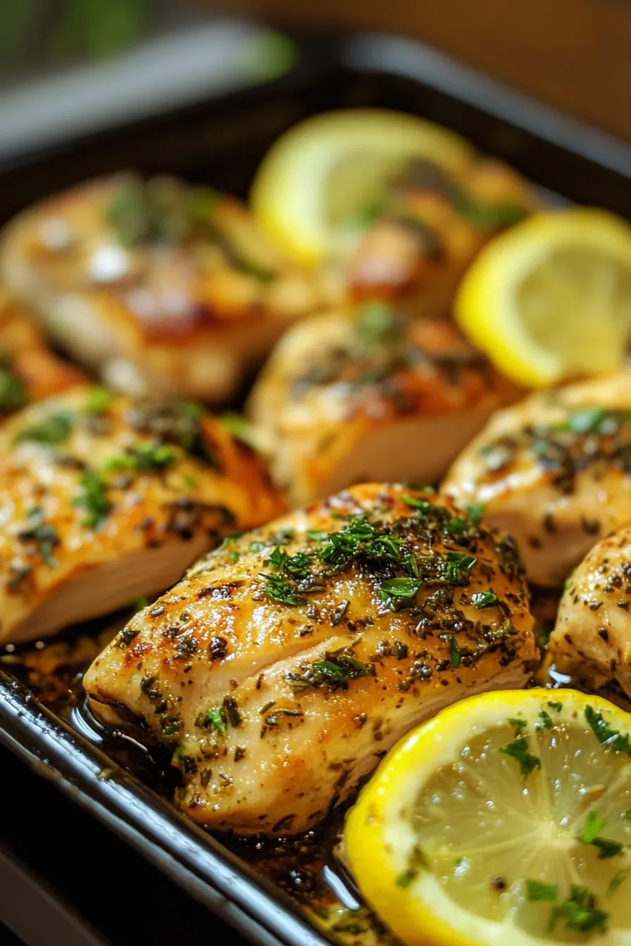 Juicy lemon herb chicken slices with roasted vegetables in meal prep containers.