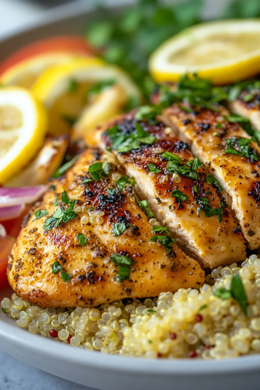 Grilled lemon herb chicken served on a bed of fluffy quinoa with a side of fresh greens.