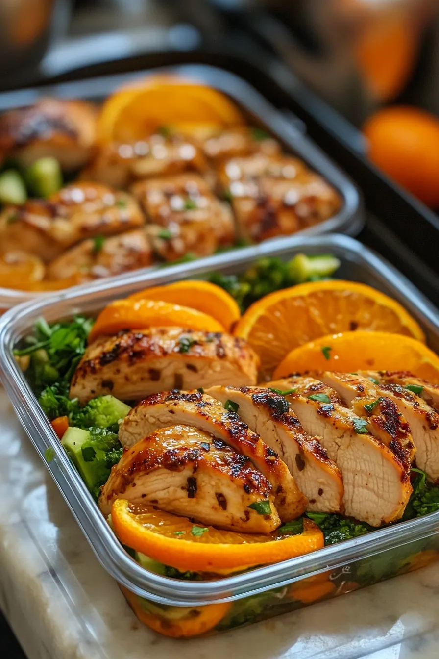 Zesty orange ginger chicken with a bright citrus glaze, garnished with fresh herbs and served with fluffy quinoa.