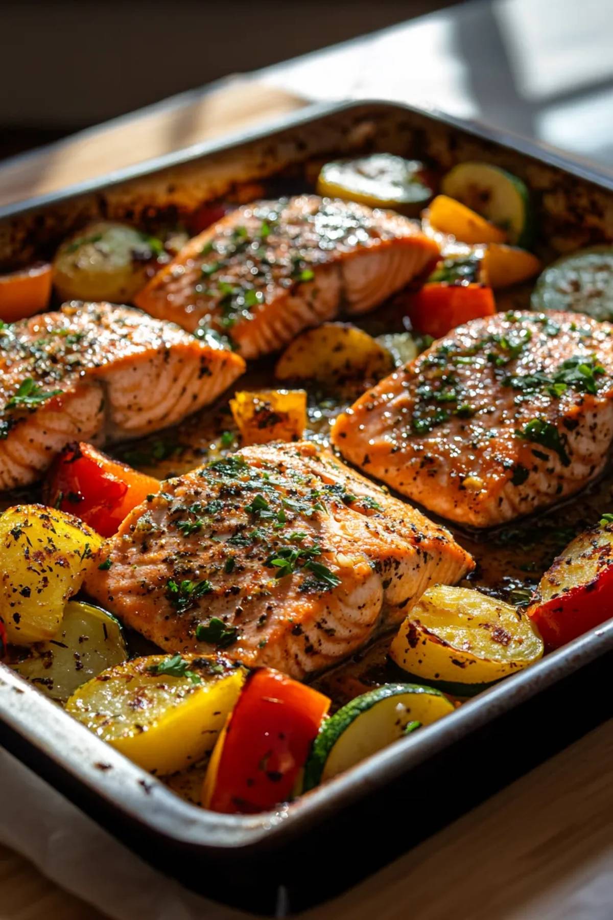 Sun‑Kissed Sheet Pan Frozen Salmon and Veggies with a Random Herb Twist recipe photo