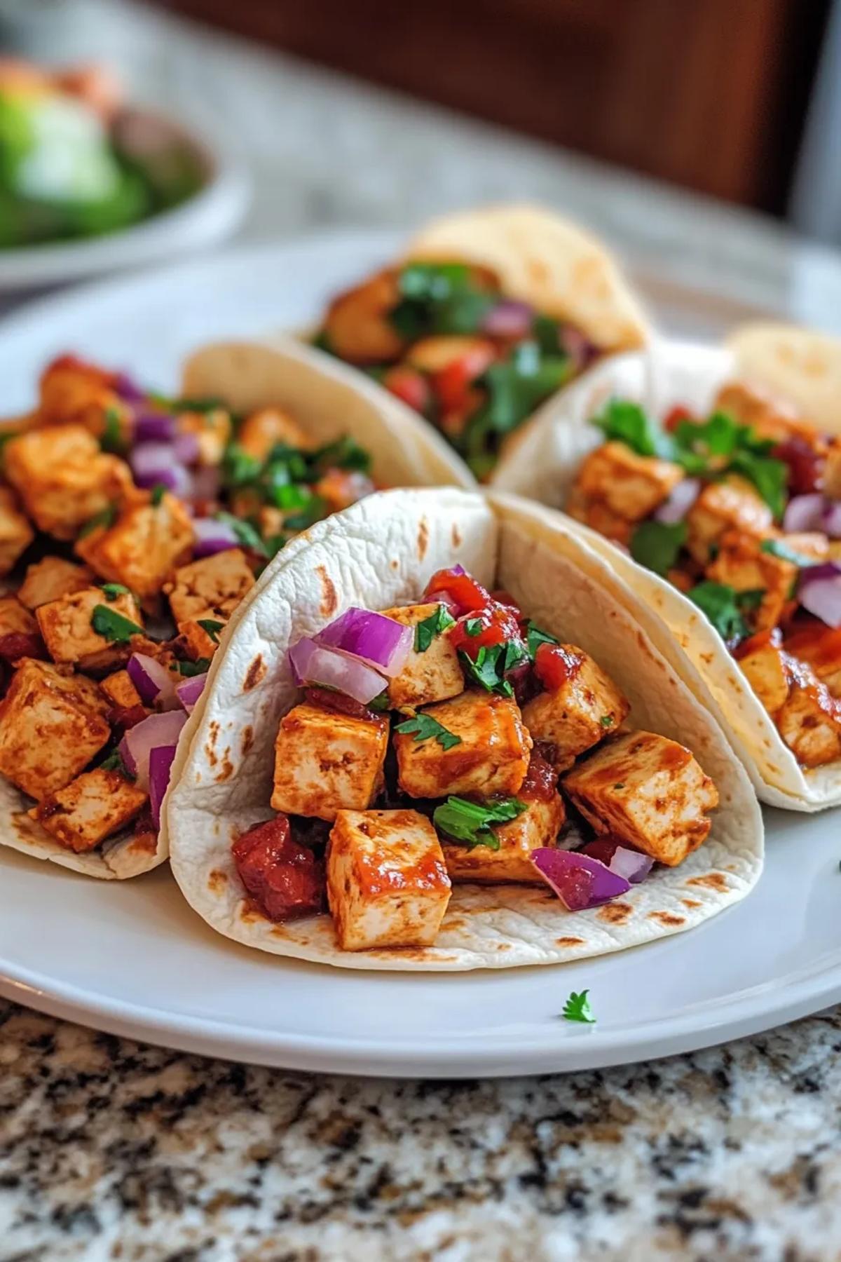 Colorful tofu tacos with fresh toppings, served on a wooden board. card