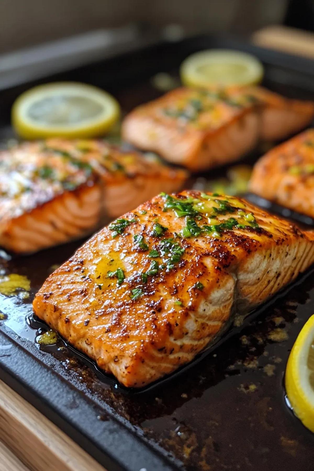 A glossy pan‑seared salmon fillet coated in shimmering chile crisp oil, resting on a rustic plate with bright green cilantro and lemon wedges, showcasing the dish's spicy‑sweet allure and vibrant colors. card