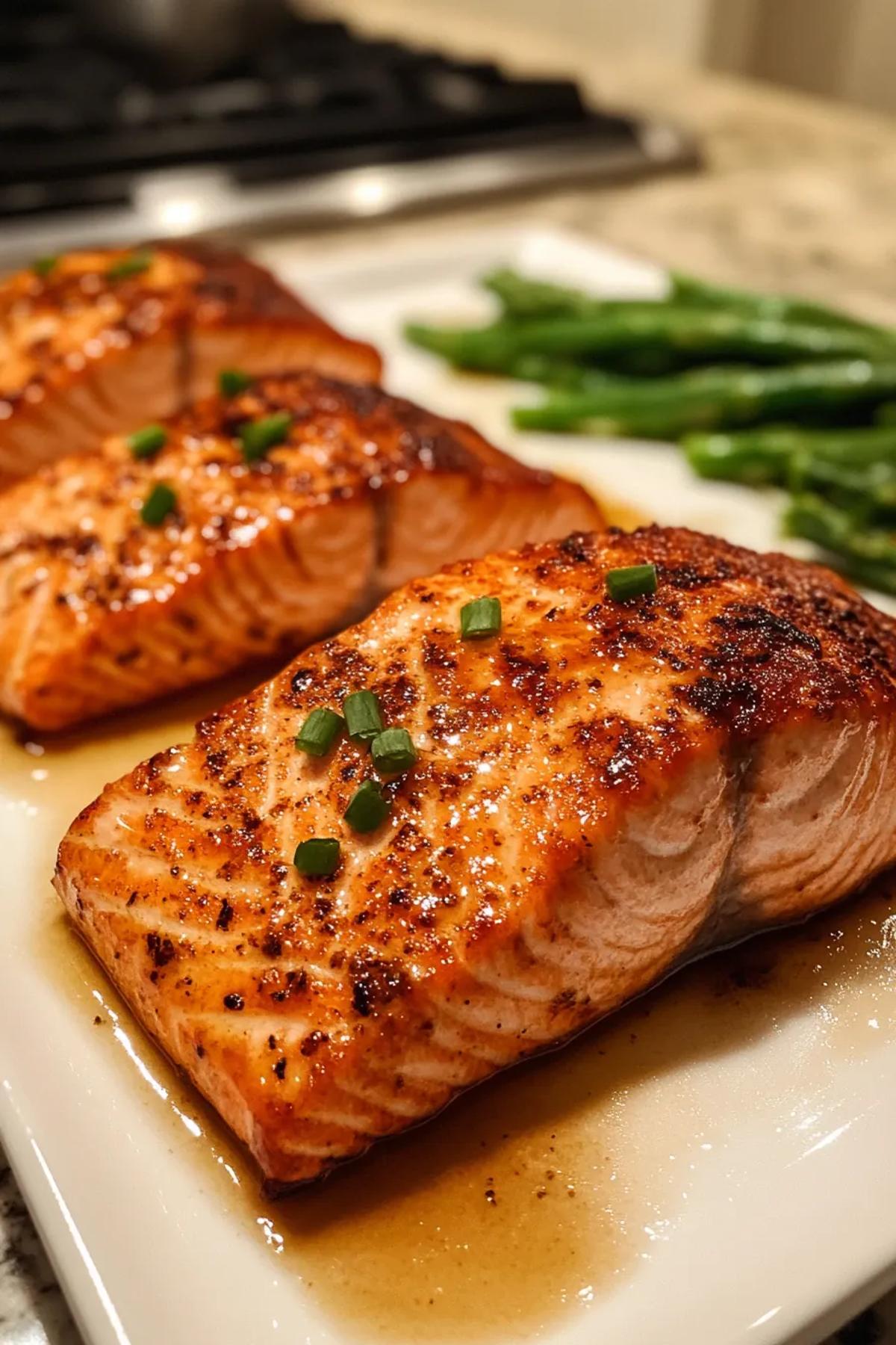 A glossy pan‑seared salmon fillet coated in shimmering chile crisp oil, resting on a rustic plate with bright green cilantro and lemon wedges, showcasing the dish's spicy‑sweet allure and vibrant colors.