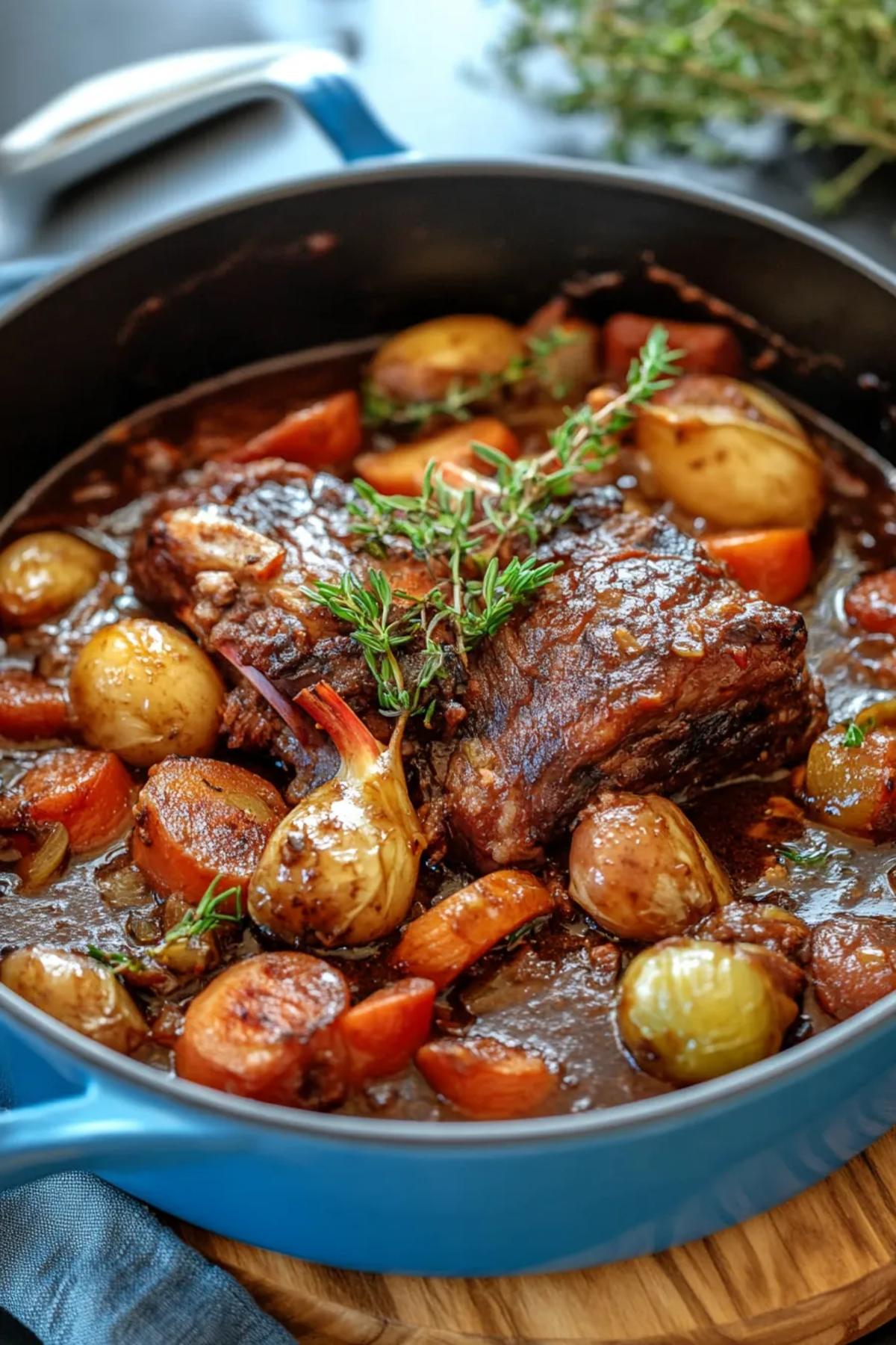 A succulent one pot lamb shank nestled in a rich, aromatic broth with vegetables. card