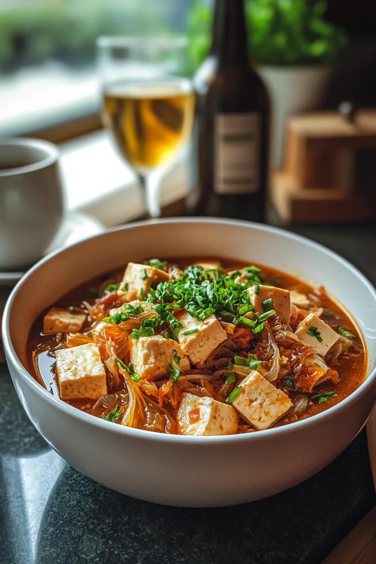 A vibrant bowl of slow cook kimchi stew showcasing bubbling red broth, tender tofu cubes, sliced pork belly, and a sprinkle of scallions, served in a rustic ceramic pot with steam rising, inviting diners to dive in. card
